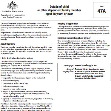 47A表-澳大利亚伴侣移民家庭成员个人信息表